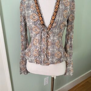 Free People Black and Orange Patterned Blouse